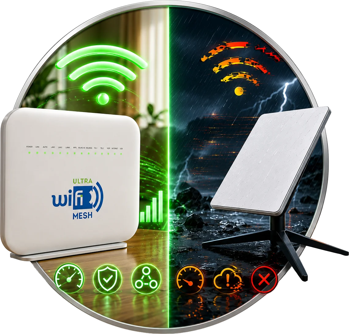 Roteador Wi‑Fi Mesh em contraste com uma antena sob chuva