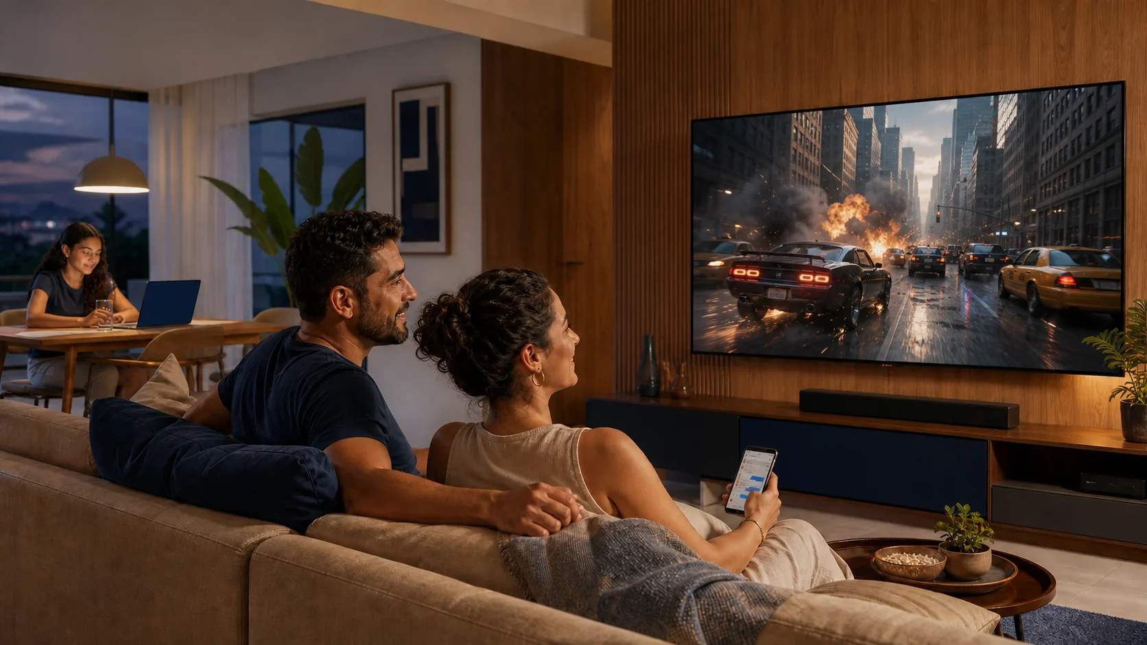 Família brasileira assistindo TV enquanto usa notebook e celular em casa