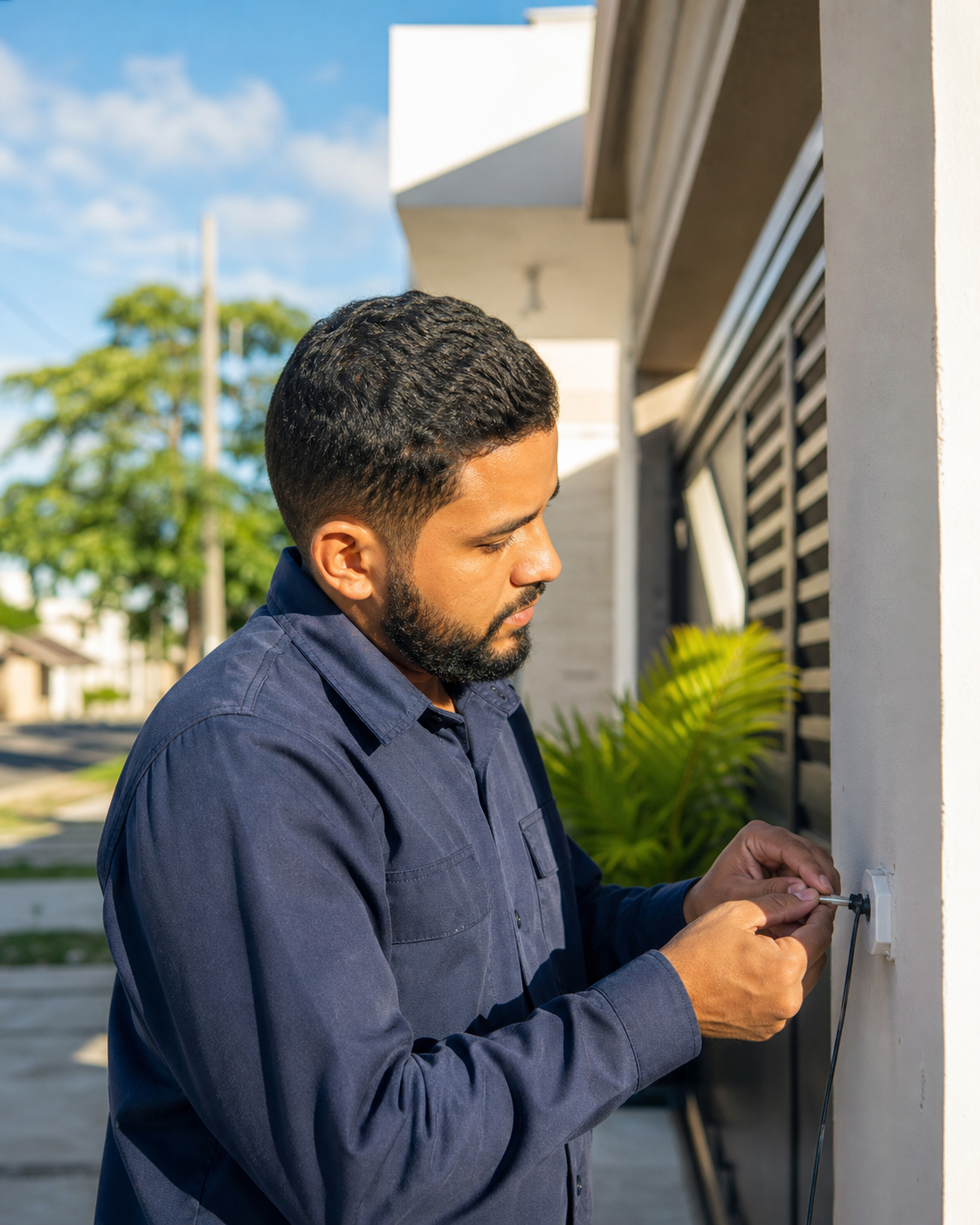 Técnico instalando uma conexão de fibra em residência