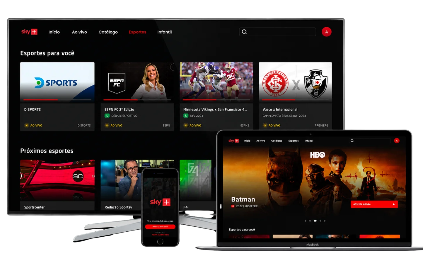 Interface oficial da Sky+ exibida em televisão, notebook e celular